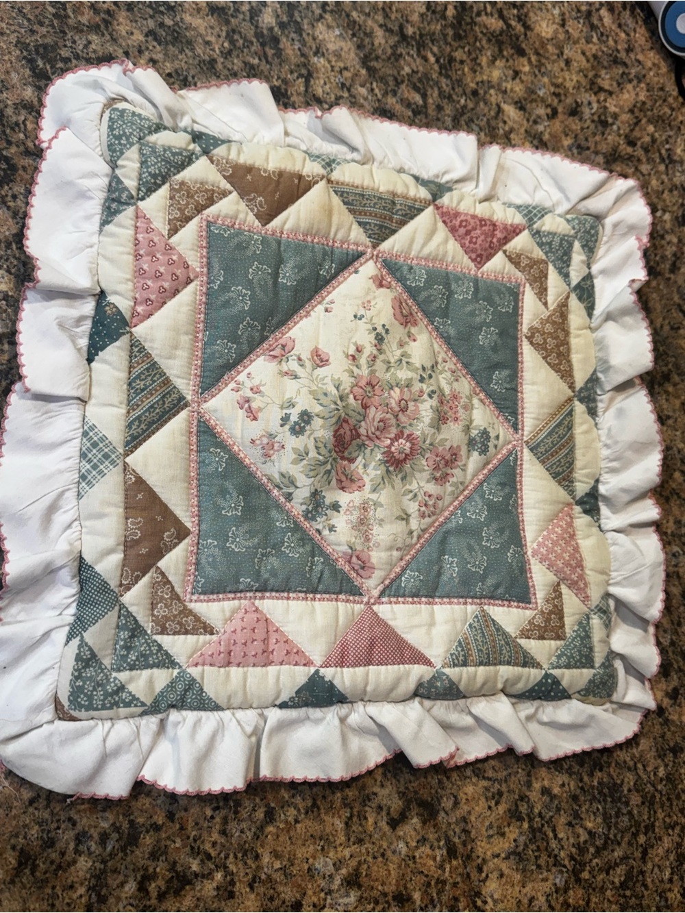 90’s Floral Patch Homemade Quilted pillow sham Cottagecore 12x12 Ruffles